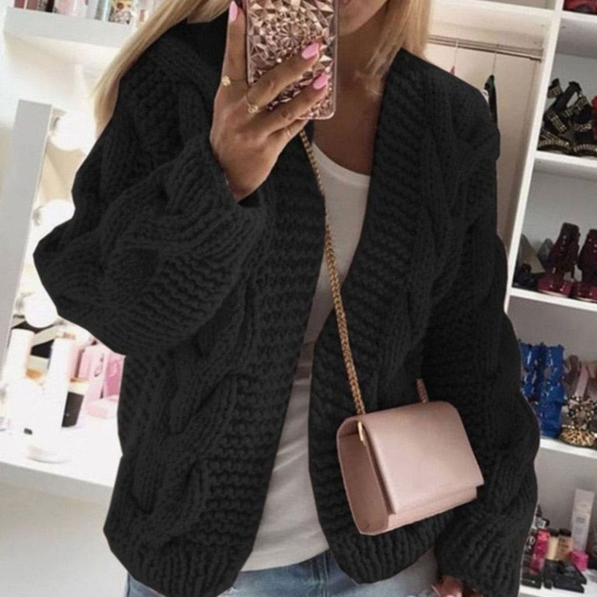 Alice | Gilet Oversize pour Femme Tricot Épais Ouvert Coupe Ample - Noir