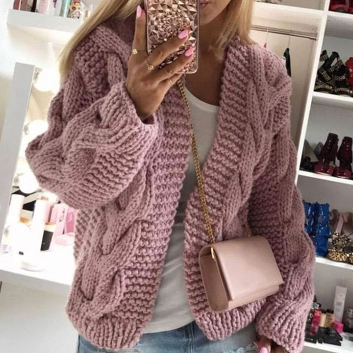Alice | Gilet Oversize pour Femme Tricot Épais Ouvert Coupe Ample - Rose
