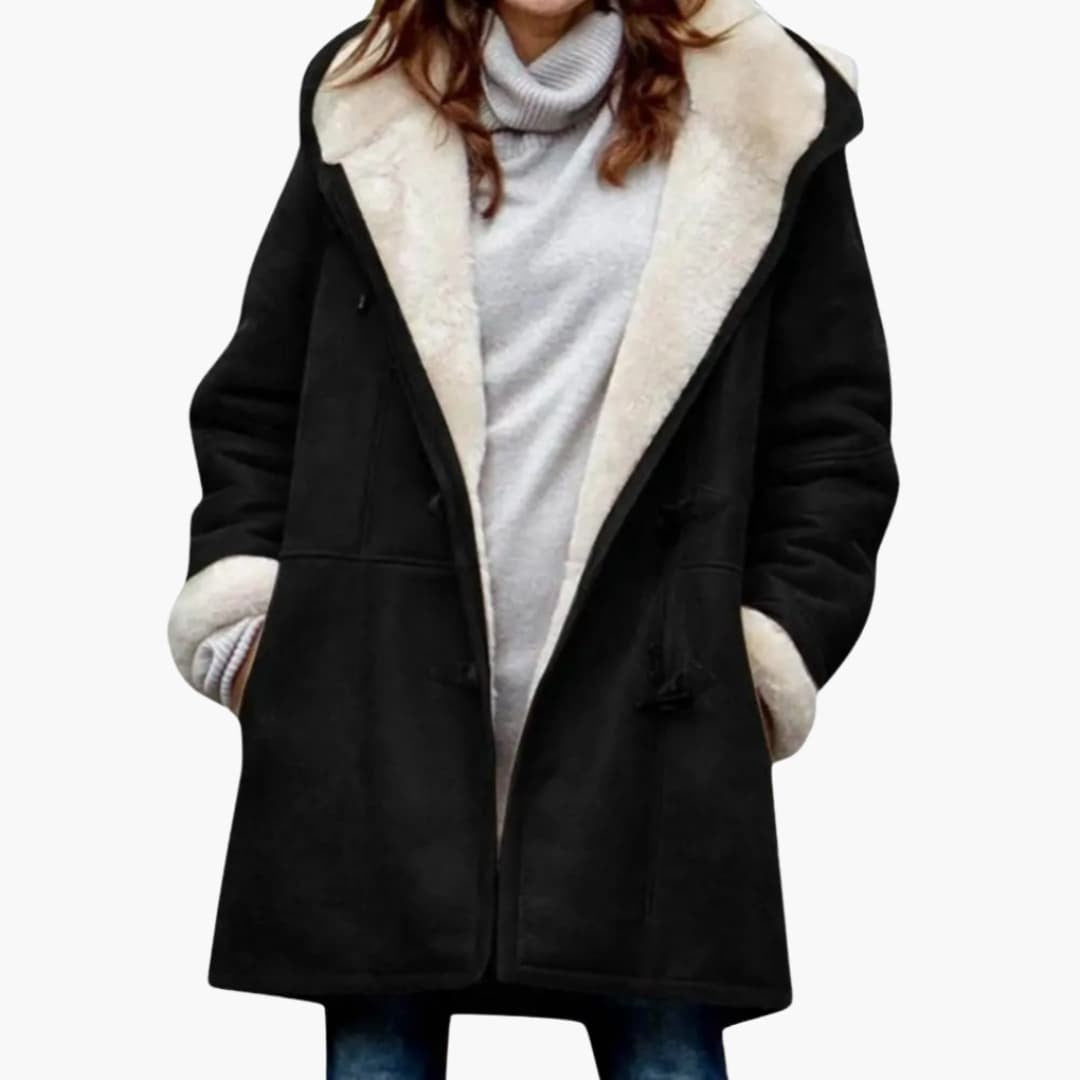 Alice | Pour Femme Manteau à Capuche Fermetures Bascule Doublure Sherpa Longueur Mi-Cuisse - Noir