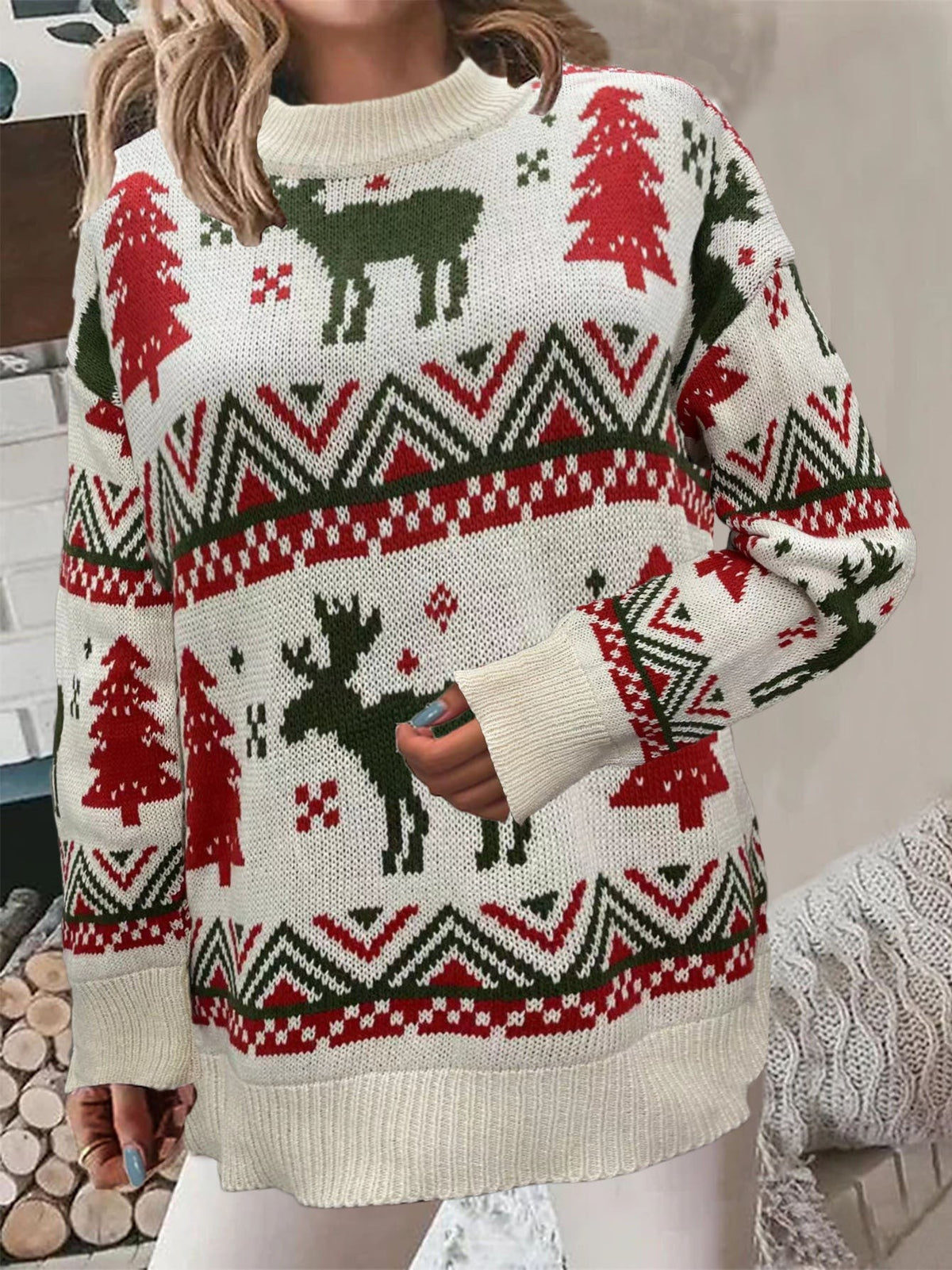 Alice | Pull de noël pour Femme Motif Festif Coupe Ample Manches Longues - Blanc