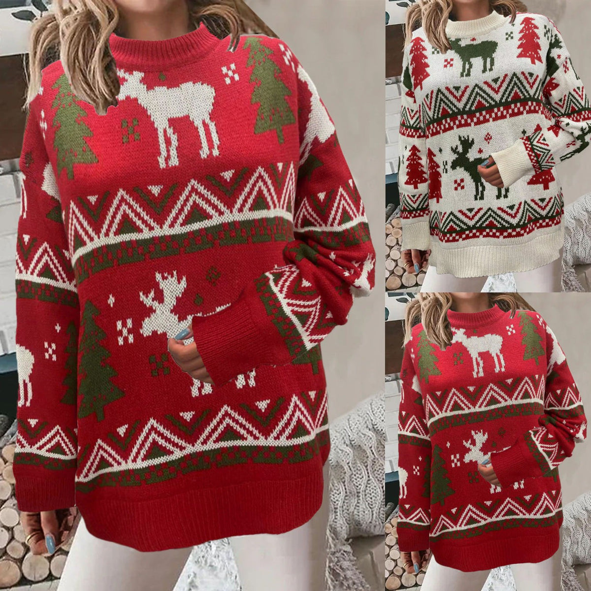 Alice | Pull de noël pour Femme Motif Festif Coupe Ample Manches Longues - Rouge