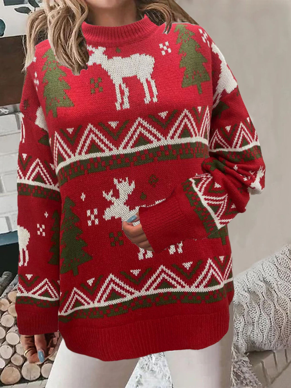 Alice | Pull de noël pour Femme Motif Festif Coupe Ample Manches Longues - Rouge