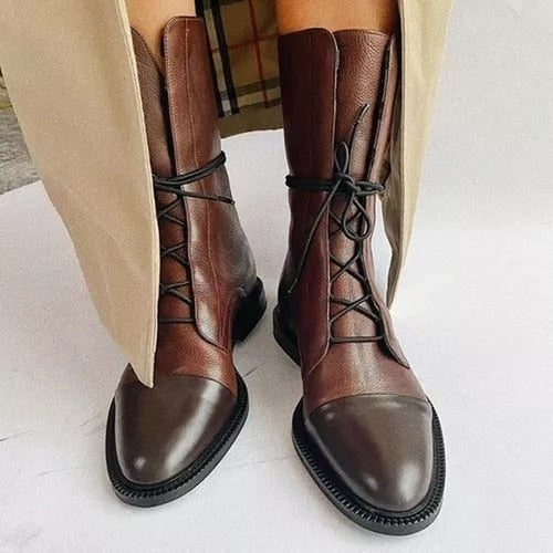 Anna | Bottes Femme Lacées Bout Contrasté Talon Bloc Mi-Mollet - Marron