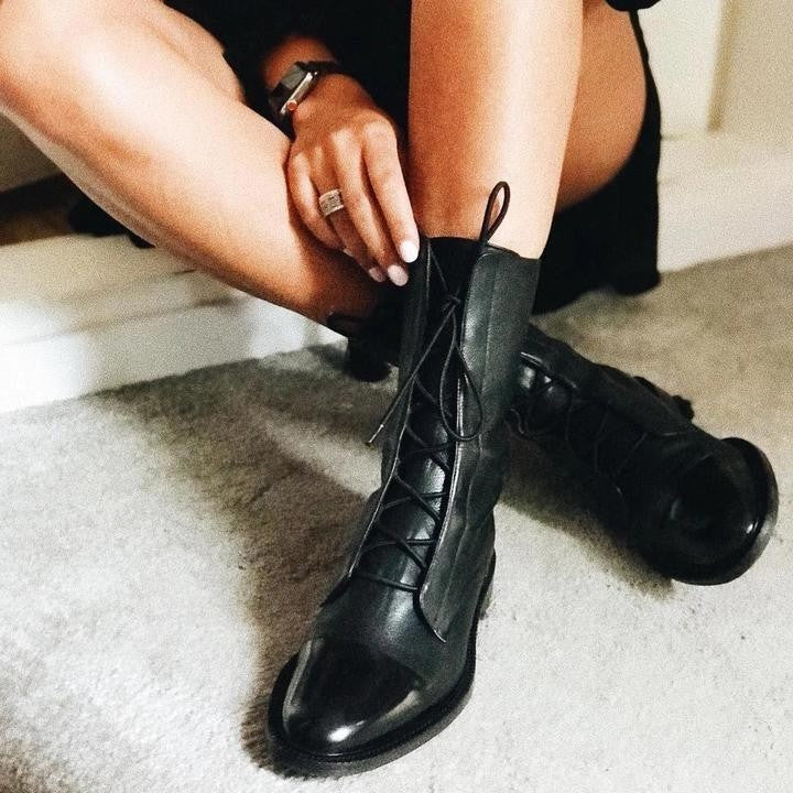 Anna | Bottes Femme Lacées Bout Contrasté Talon Bloc Mi-Mollet - Noir