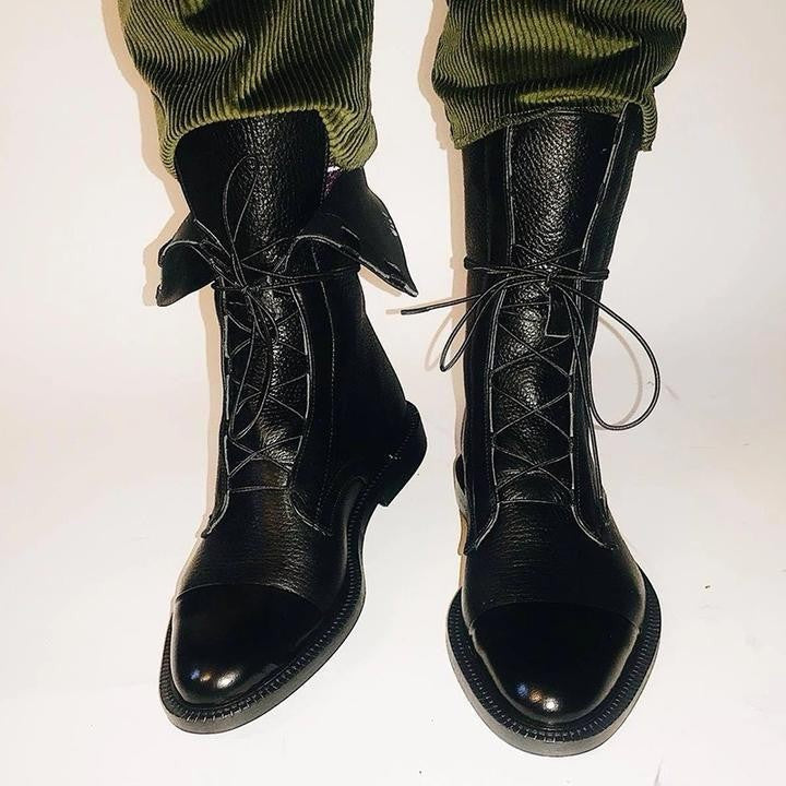 Anna | Bottes Femme Lacées Bout Contrasté Talon Bloc Mi-Mollet - Noir