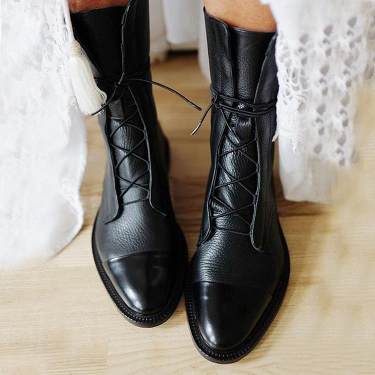 Anna | Bottes Femme Lacées Bout Contrasté Talon Bloc Mi-Mollet - Noir