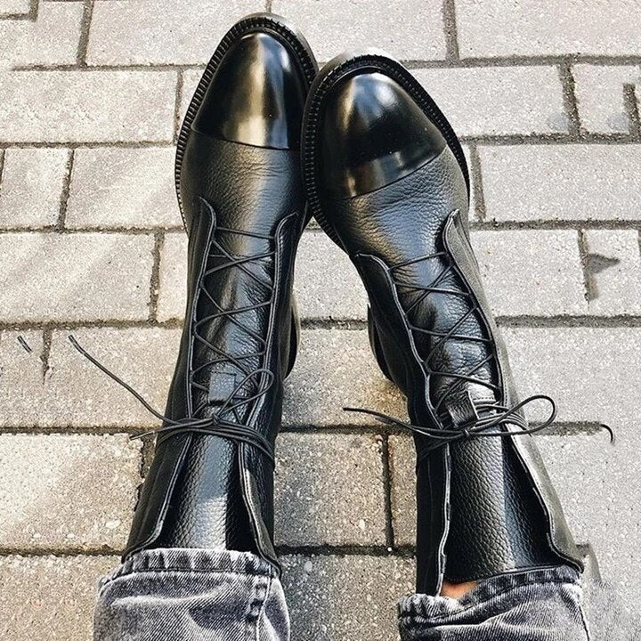 Anna | Bottes Femme Lacées Bout Contrasté Talon Bloc Mi-Mollet - Noir