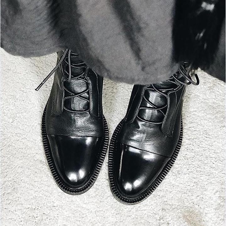 Anna | Bottes Femme Lacées Bout Contrasté Talon Bloc Mi-Mollet - Noir