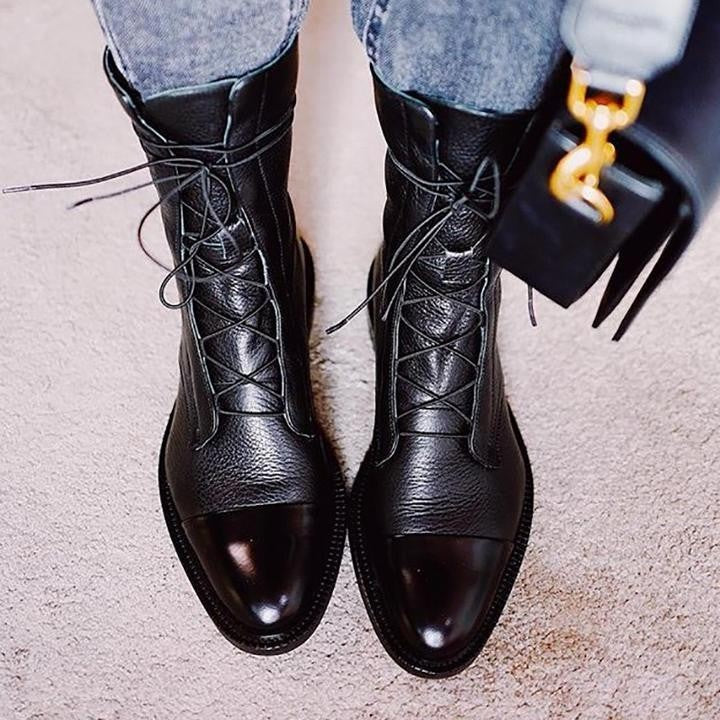 Anna | Bottes Femme Lacées Bout Contrasté Talon Bloc Mi-Mollet - Noir