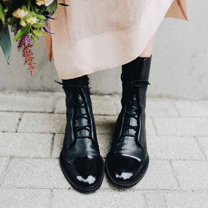 Anna | Bottes Femme Lacées Bout Contrasté Talon Bloc Mi-Mollet - Noir