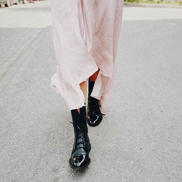 Anna | Bottes Femme Lacées Bout Contrasté Talon Bloc Mi-Mollet - Noir