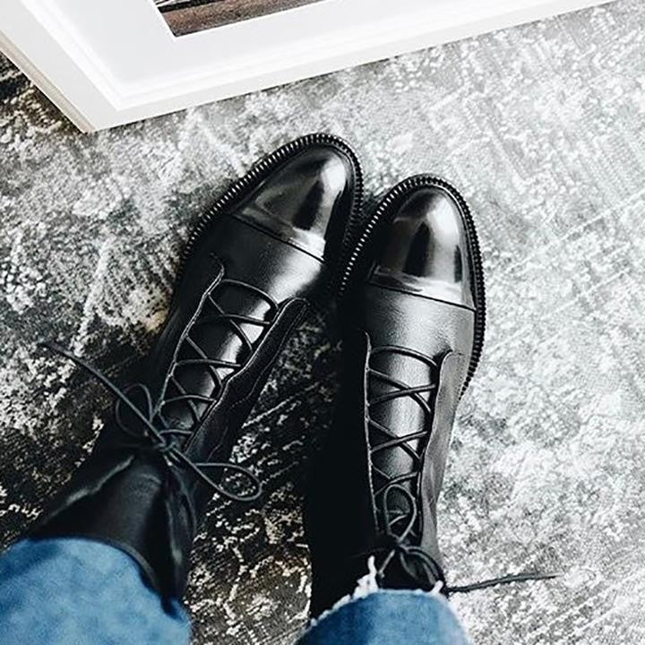 Anna | Bottes Femme Lacées Bout Contrasté Talon Bloc Mi-Mollet - Noir