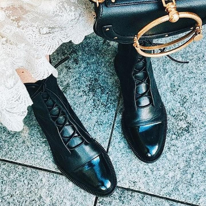 Anna | Bottes Femme Lacées Bout Contrasté Talon Bloc Mi-Mollet - Noir