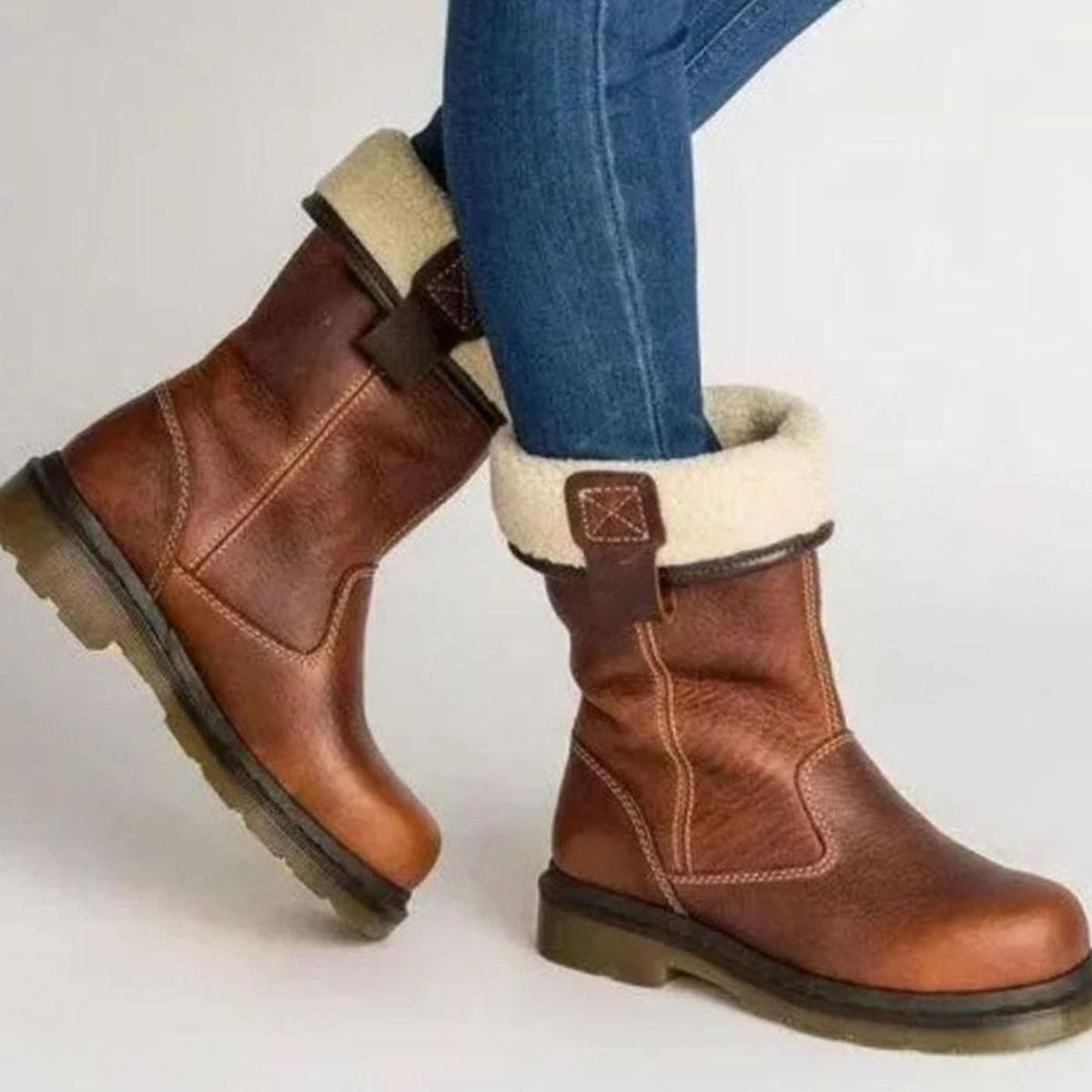 Anna | Bottes Femme simili-cuir Enfiler Mollet Doublure Polaire - Marron