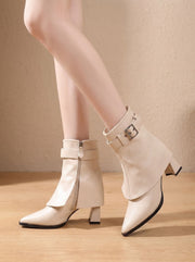 Anna | Bottines Femme Bout Pointu Talon Bloc Ceinture Boucle - Crème
