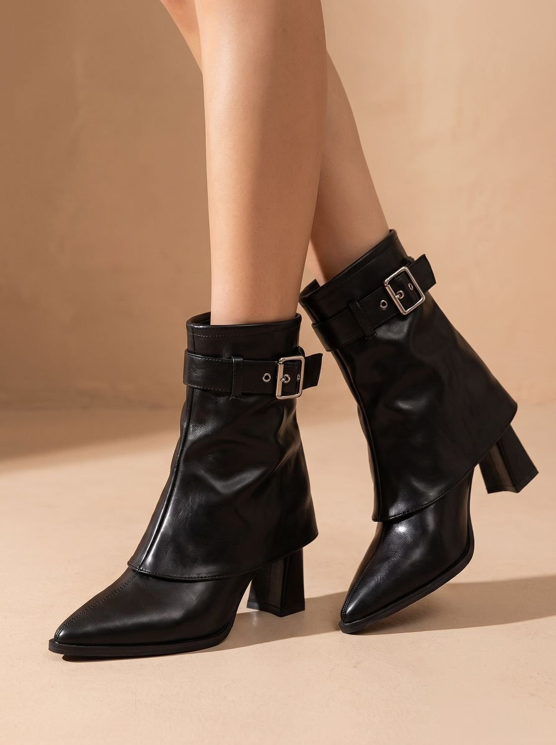 Anna | Bottines Femme Bout Pointu Talon Bloc Ceinture Boucle - Crème