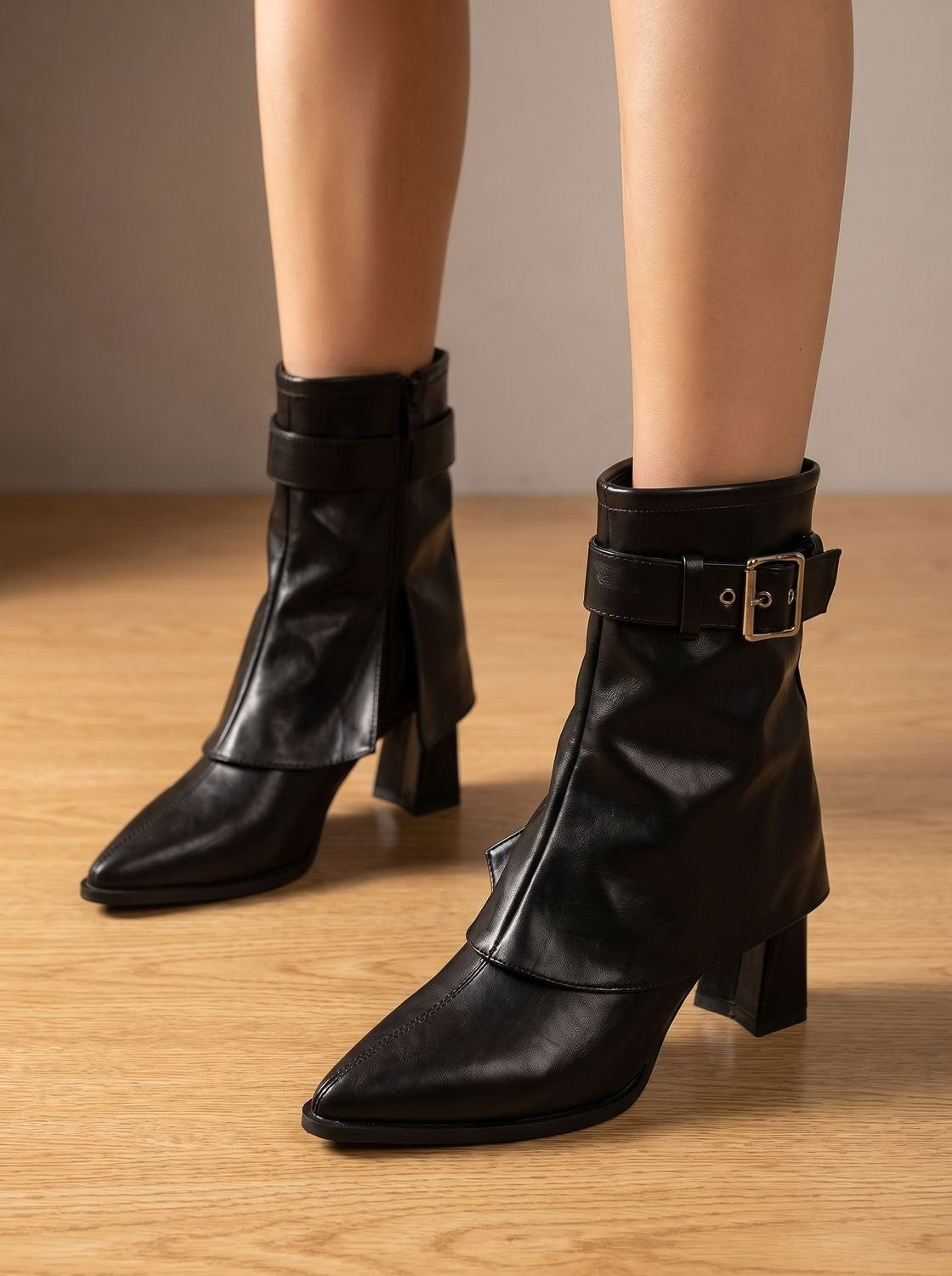 Anna | Bottines Femme Bout Pointu Talon Bloc Ceinture Boucle - Noir