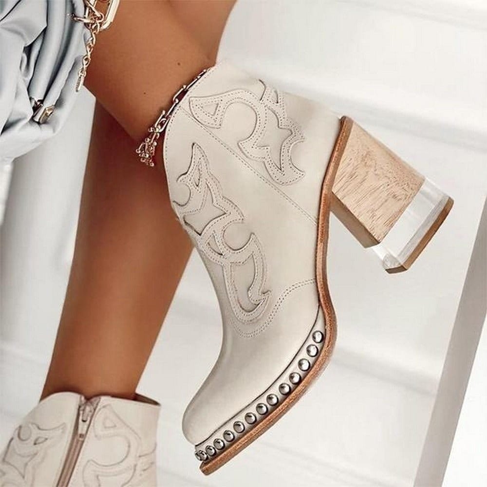 Anna | Bottines pour Femme Talon Bloc simili-cuir Western - Blanc