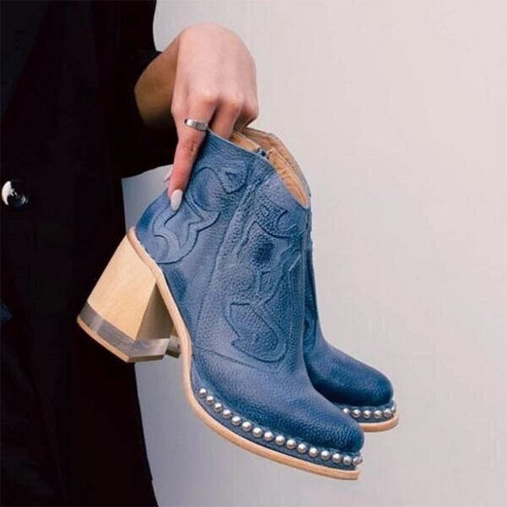 Anna | Bottines pour Femme Talon Bloc simili-cuir Western - Bleu