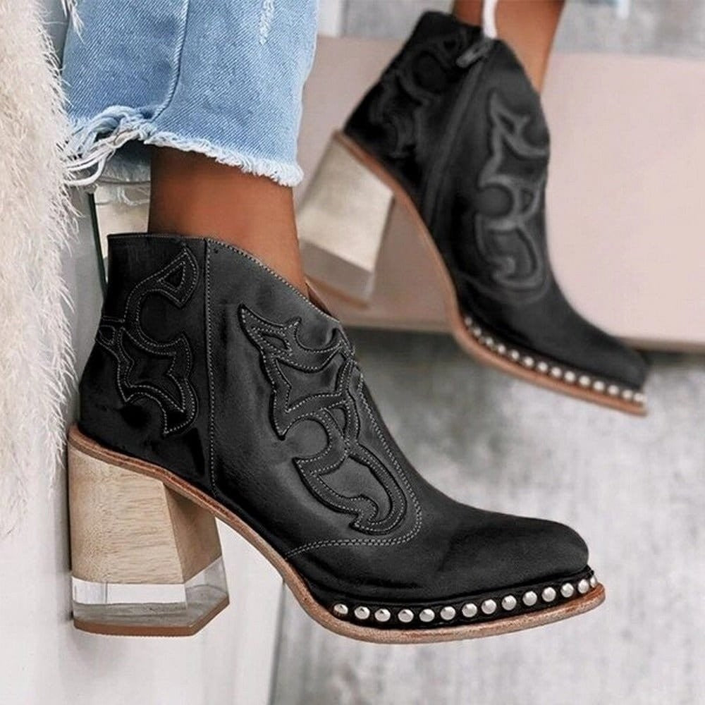 Anna | Bottines pour Femme Talon Bloc simili-cuir Western - Noir