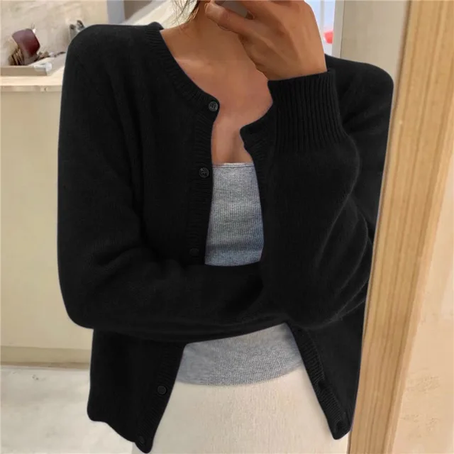 Anna | Cardigan pour Femme Col Rond Manches Longues Tricot Doux - Noir