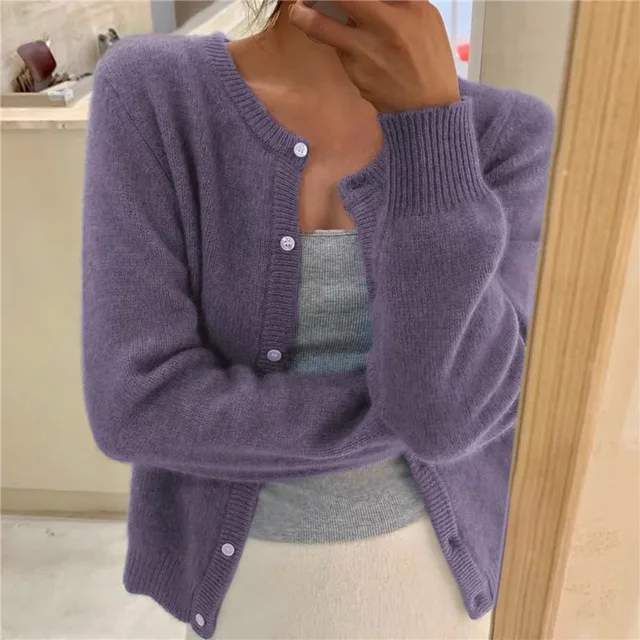 Anna | Cardigan pour Femme Col Rond Manches Longues Tricot Doux - Violet