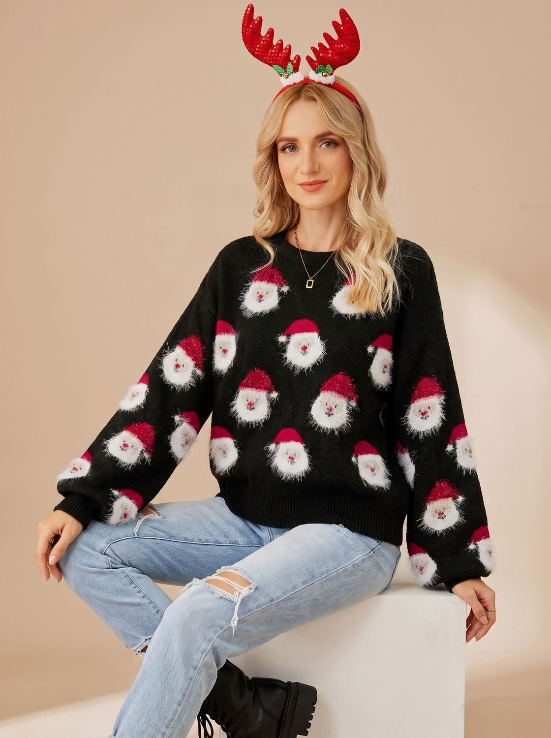 Anna | Pour Femme Pull de Noël Oversize Motif Père Noël Manches Longues - Noir