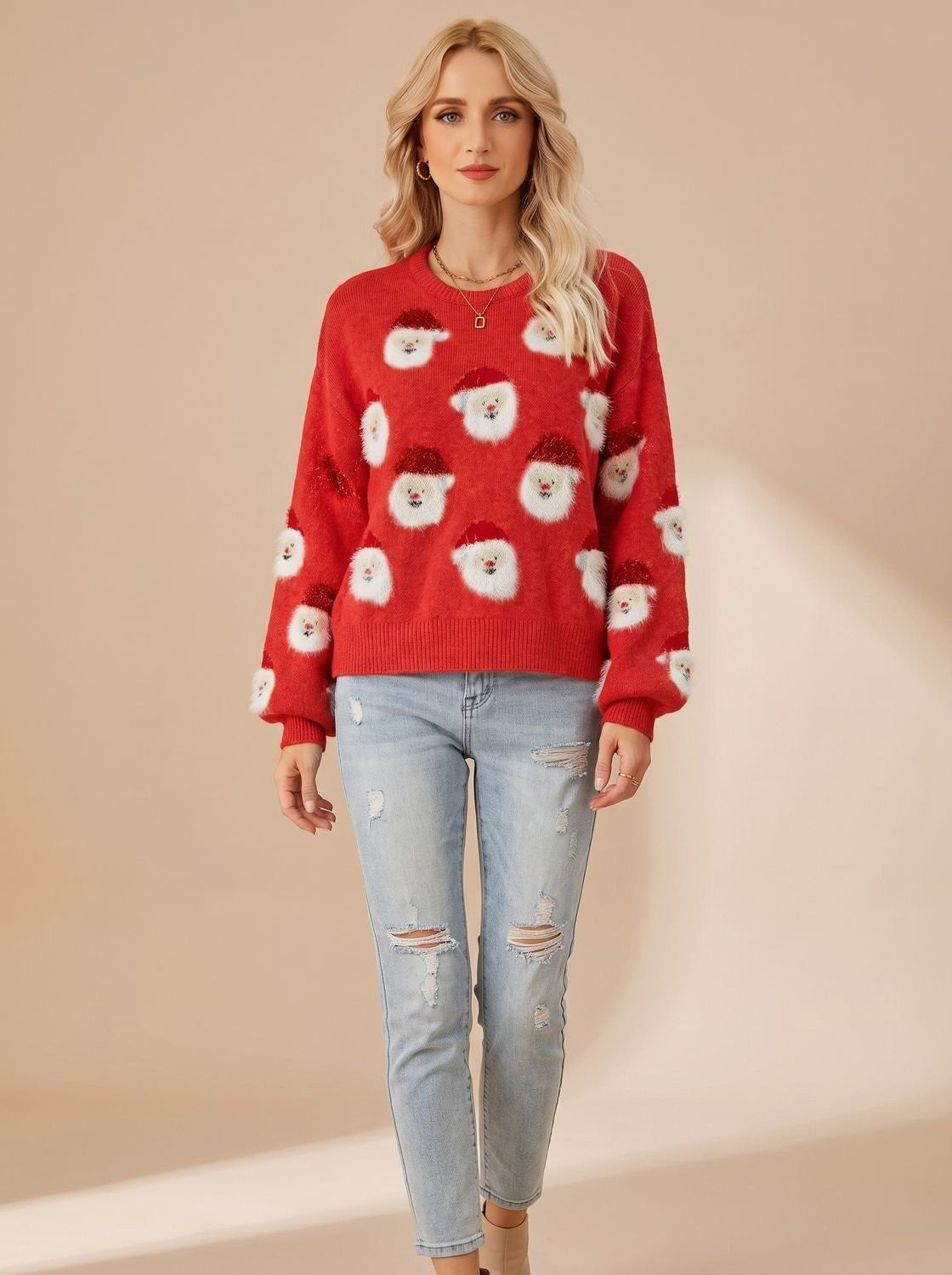Anna | Pour Femme Pull de Noël Oversize Motif Père Noël Manches Longues - Père Noël Rouge