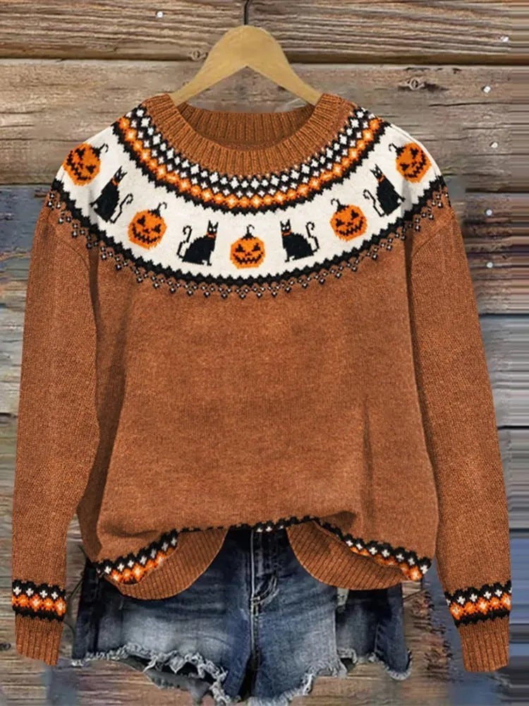 Anna | Pull Déguisement Halloween Femme Fair Isle Motifs Festifs Manches Longues - Rouille