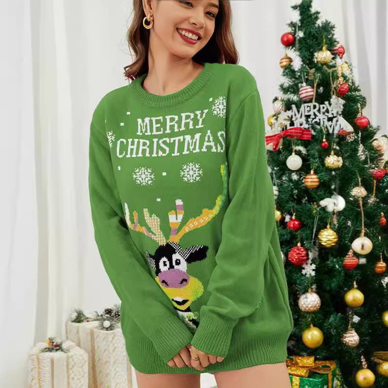 Anna | Pull de noël pour Femme Motif Renne Coupe Ample Tricot - Vert