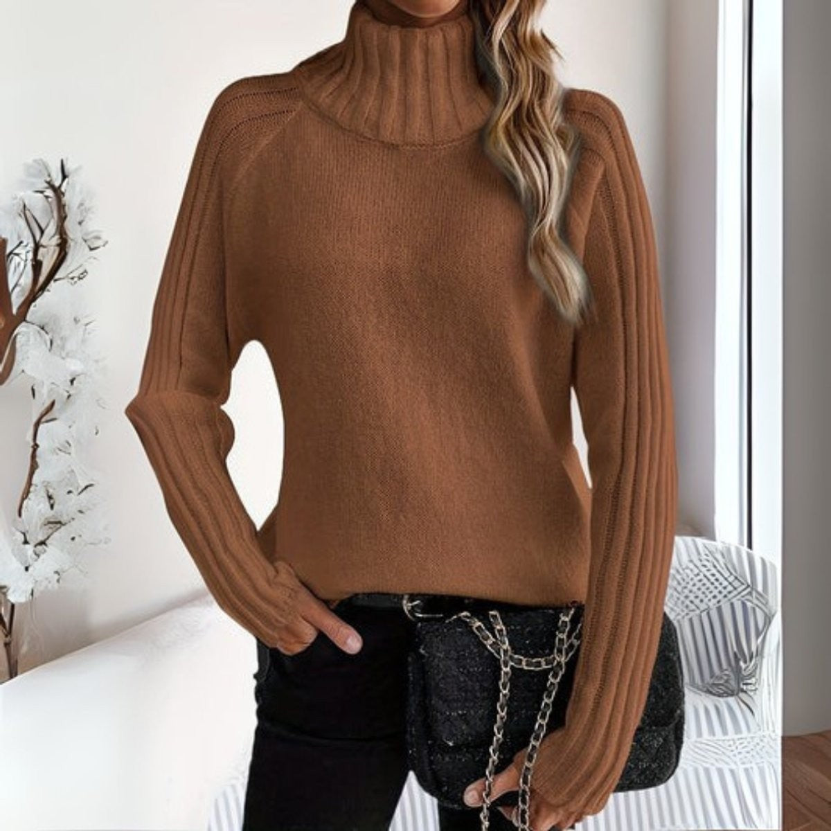 Anna | Pull pour Femme Col Roulé Côtelé Coupe Ample Manches Raglan - Marron