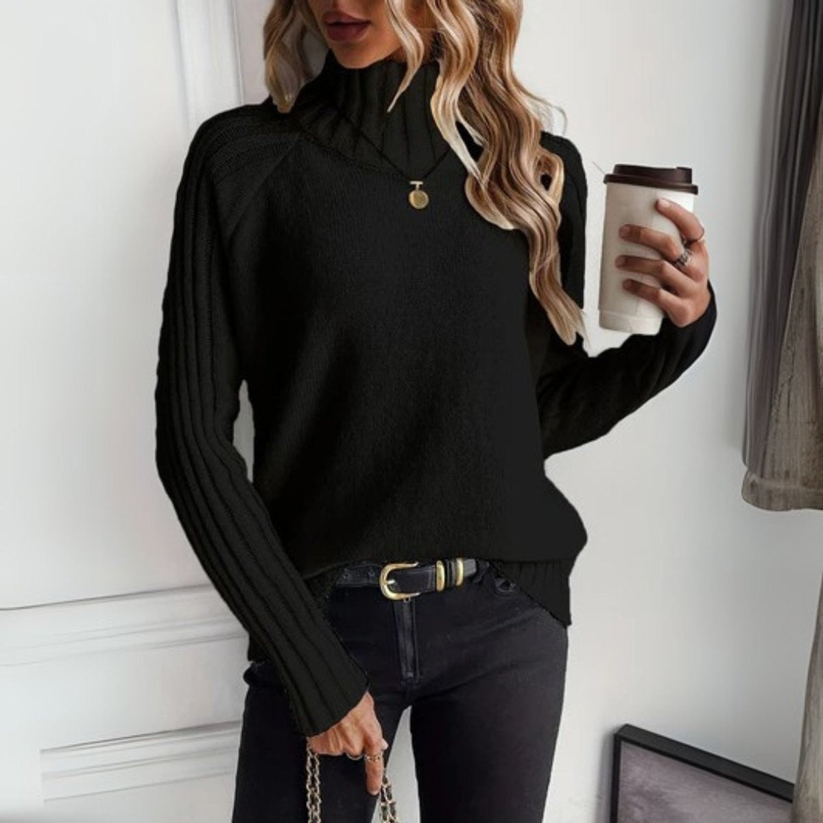 Anna | Pull pour Femme Col Roulé Côtelé Coupe Ample Manches Raglan - Noir