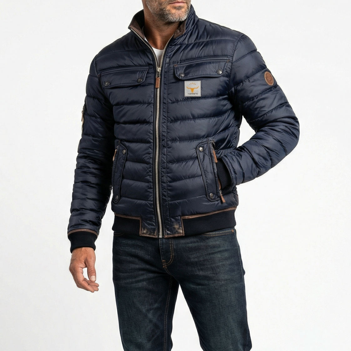 Arthur | Veste Homme Coupe Décontractée Col Montant Contrasté Vintage - Bleu Marine