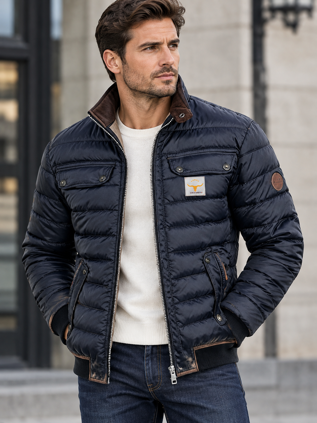 Arthur | Veste Homme Coupe Décontractée Col Montant Contrasté Vintage - Bleu Marine