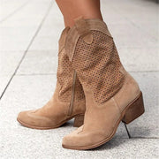 Baptiste | Bottes Femme Western Talon Moyen Fermeture Latérale Perforée - Beige