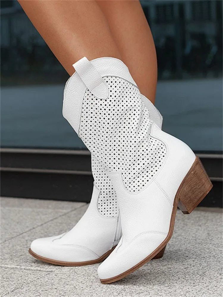 Baptiste | Bottes Femme Western Talon Moyen Fermeture Latérale Perforée - Beige