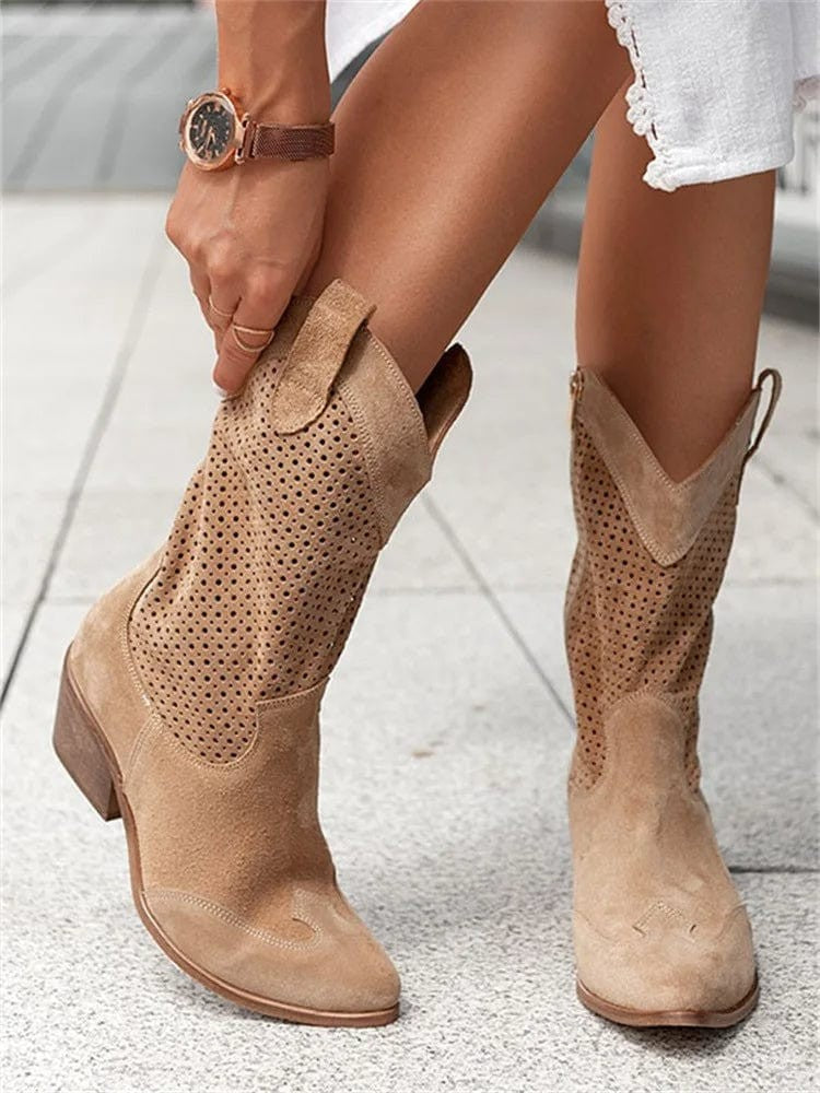 Baptiste | Bottes Femme Western Talon Moyen Fermeture Latérale Perforée - Beige