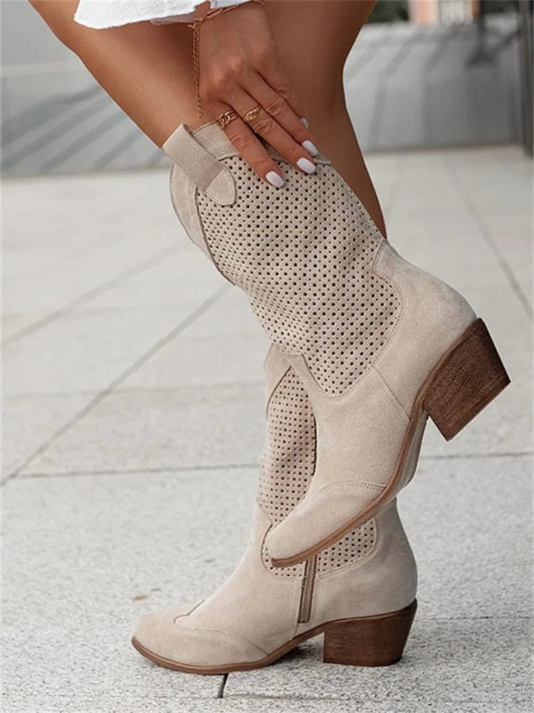 Baptiste | Bottes Femme Western Talon Moyen Fermeture Latérale Perforée - Beige