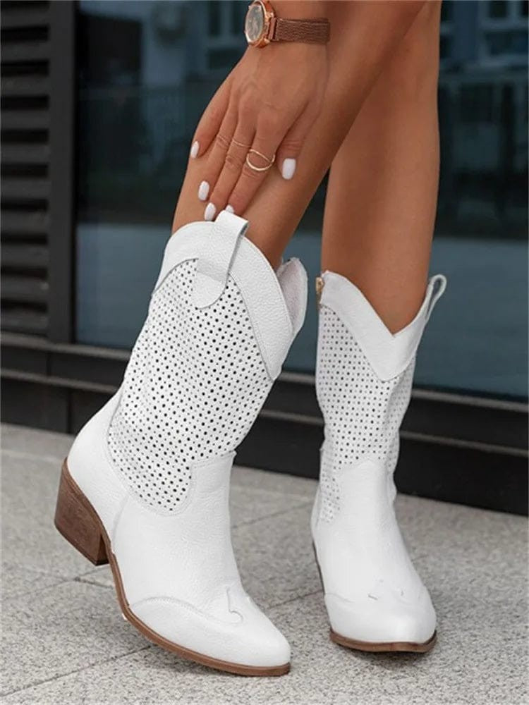 Baptiste | Bottes Femme Western Talon Moyen Fermeture Latérale Perforée - Blanc