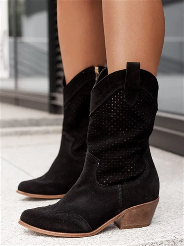 Baptiste | Bottes Femme Western Talon Moyen Fermeture Latérale Perforée - Noir