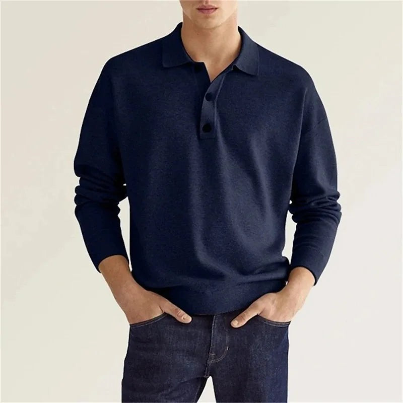 Baptiste | Chemise Polo Homme Manches Longues Col Classique Coupe Décontractée - Bleu Marine