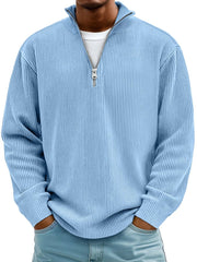 Baptiste | Pull Homme Côtelé Demi-Zip Coupe Décontractée - Bleu