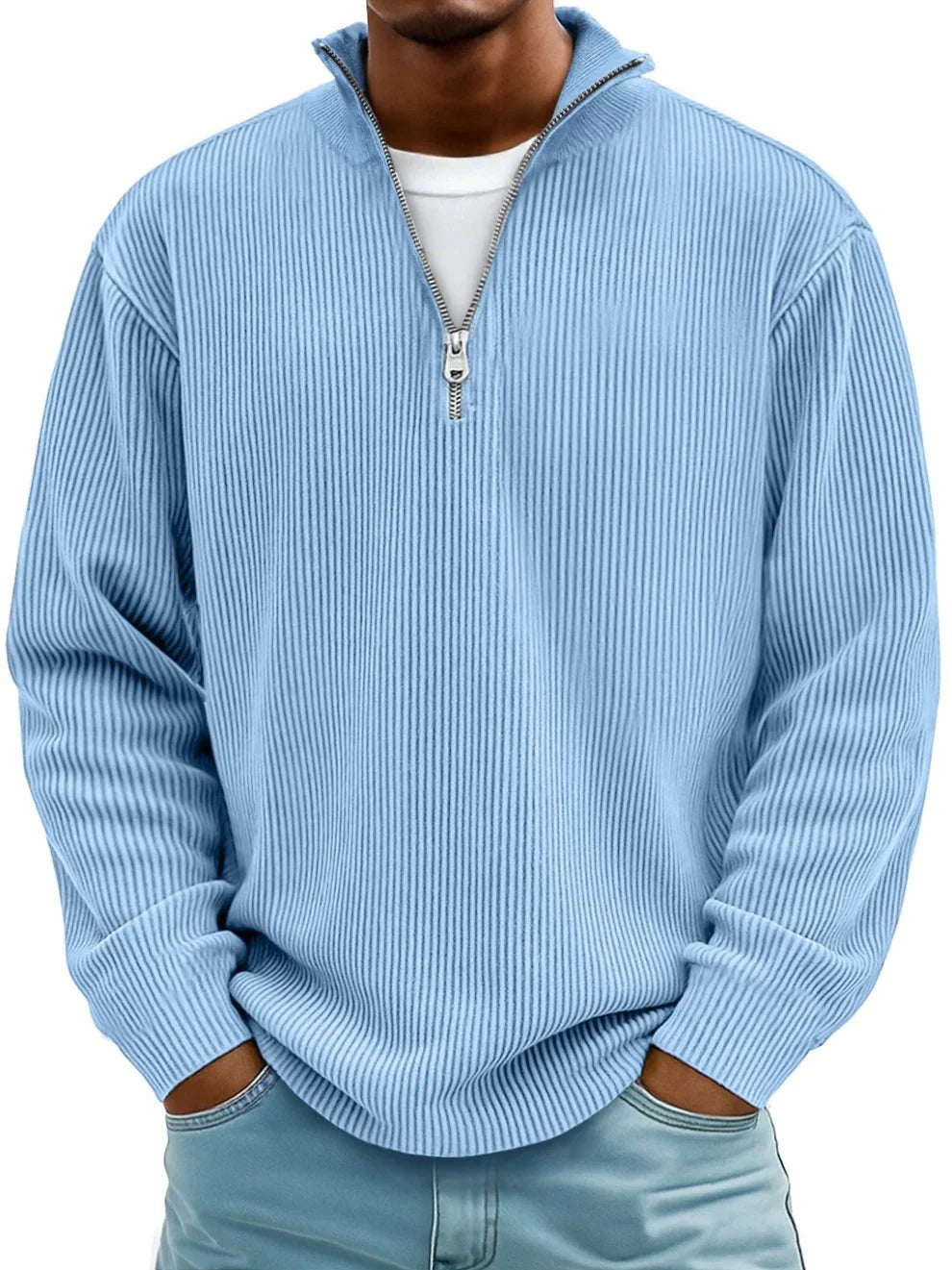 Baptiste | Pull Homme Côtelé Demi-Zip Coupe Décontractée - Bleu
