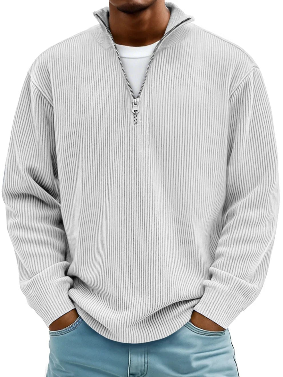 Baptiste | Pull Homme Côtelé Demi-Zip Coupe Décontractée - Bleu