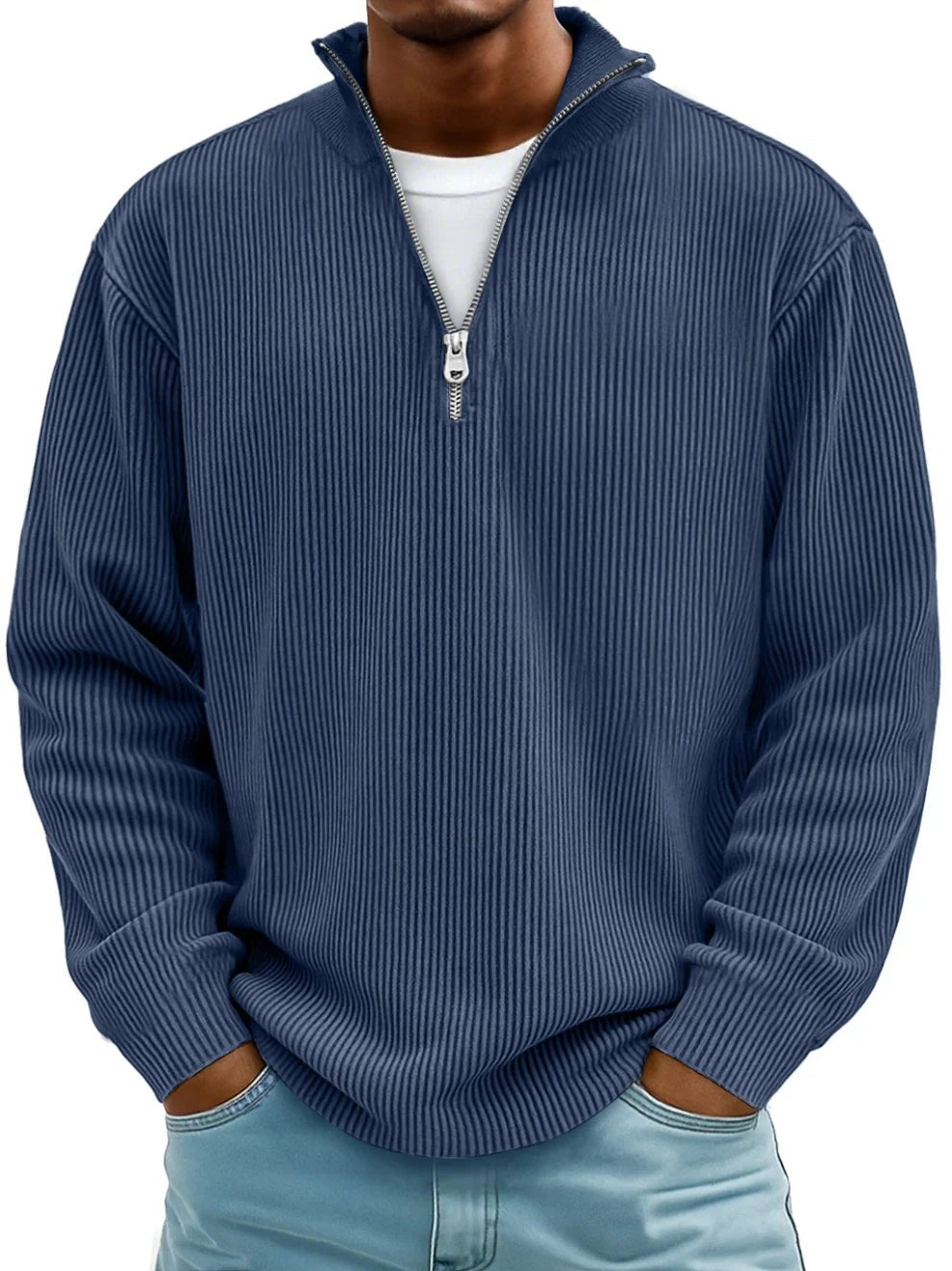 Baptiste | Pull Homme Côtelé Demi-Zip Coupe Décontractée - Bleu Marine
