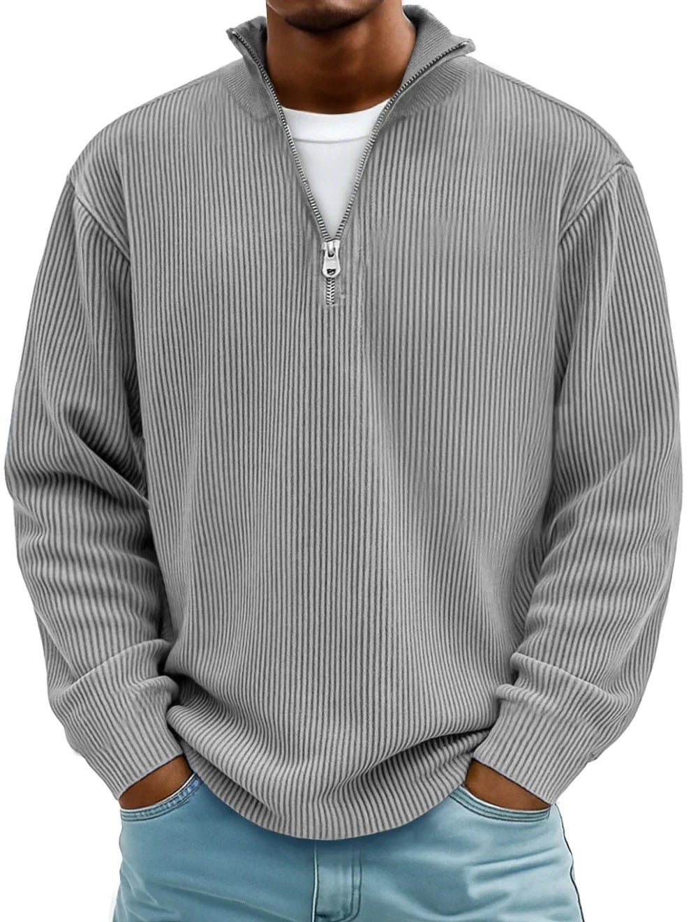 Baptiste | Pull Homme Côtelé Demi-Zip Coupe Décontractée - Gris