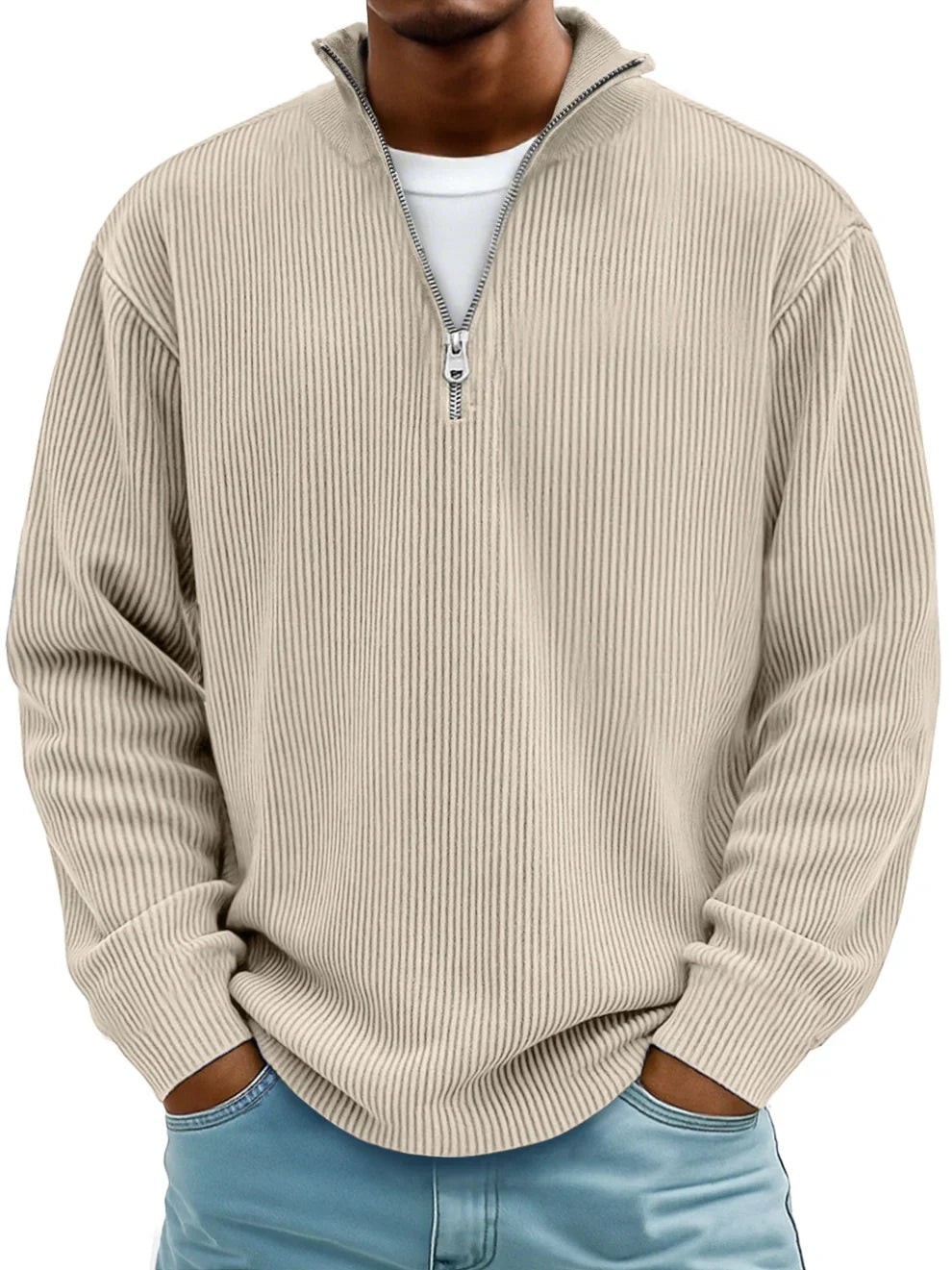 Baptiste | Pull Homme Côtelé Demi-Zip Coupe Décontractée - Kaki