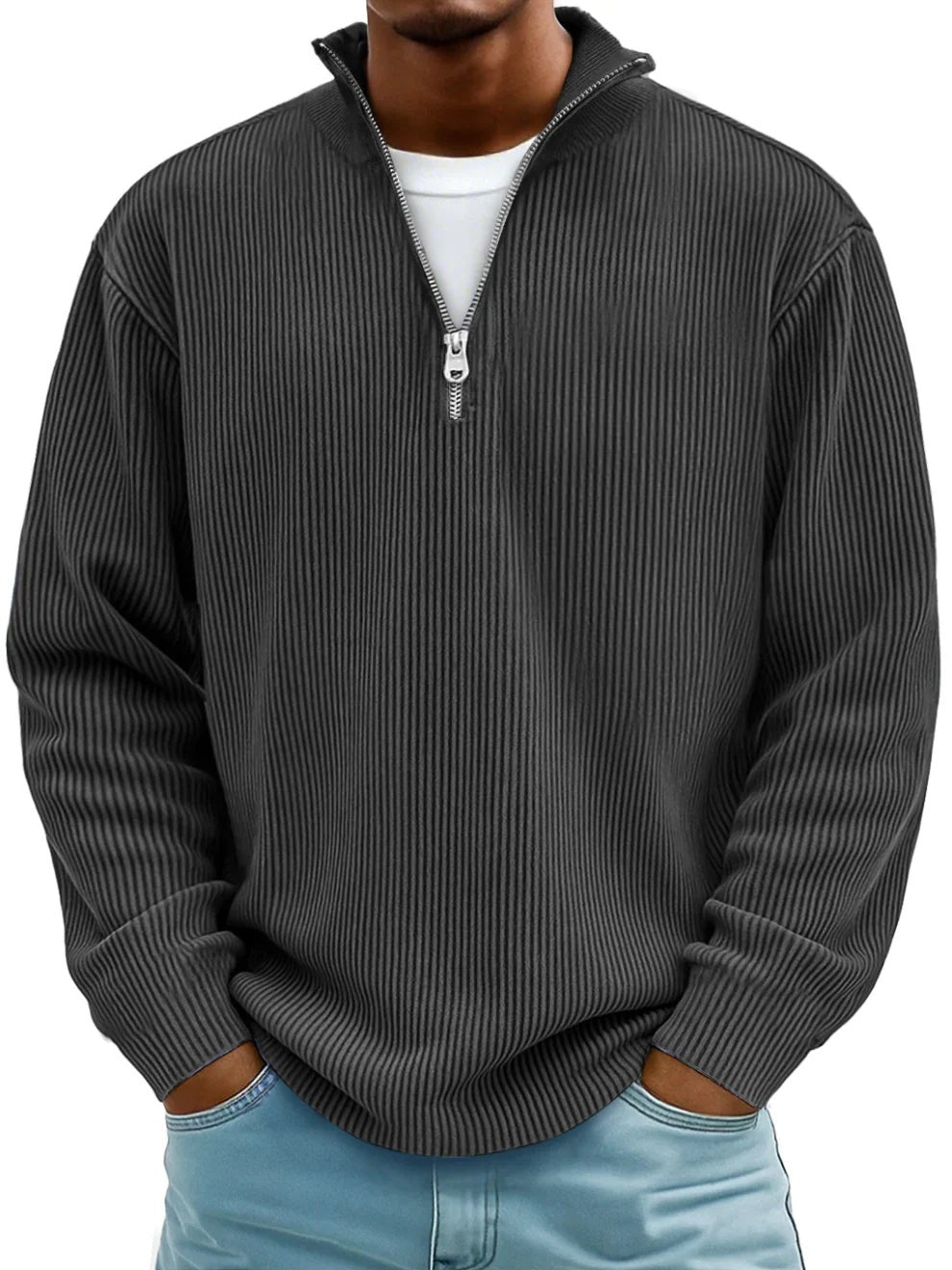 Baptiste | Pull Homme Côtelé Demi-Zip Coupe Décontractée - Noir