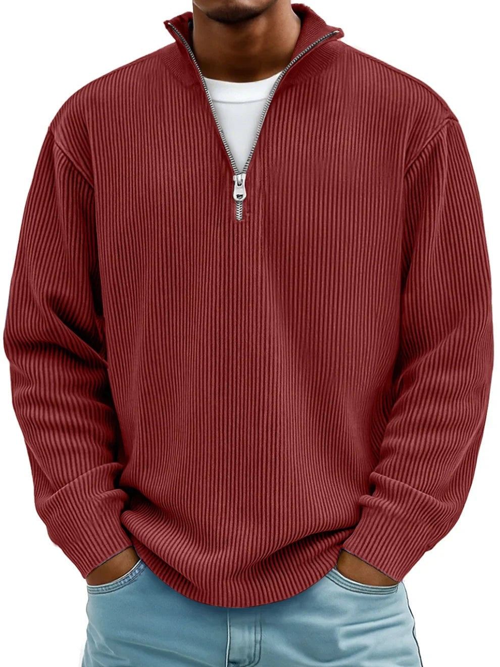 Baptiste | Pull Homme Côtelé Demi-Zip Coupe Décontractée - Rouge