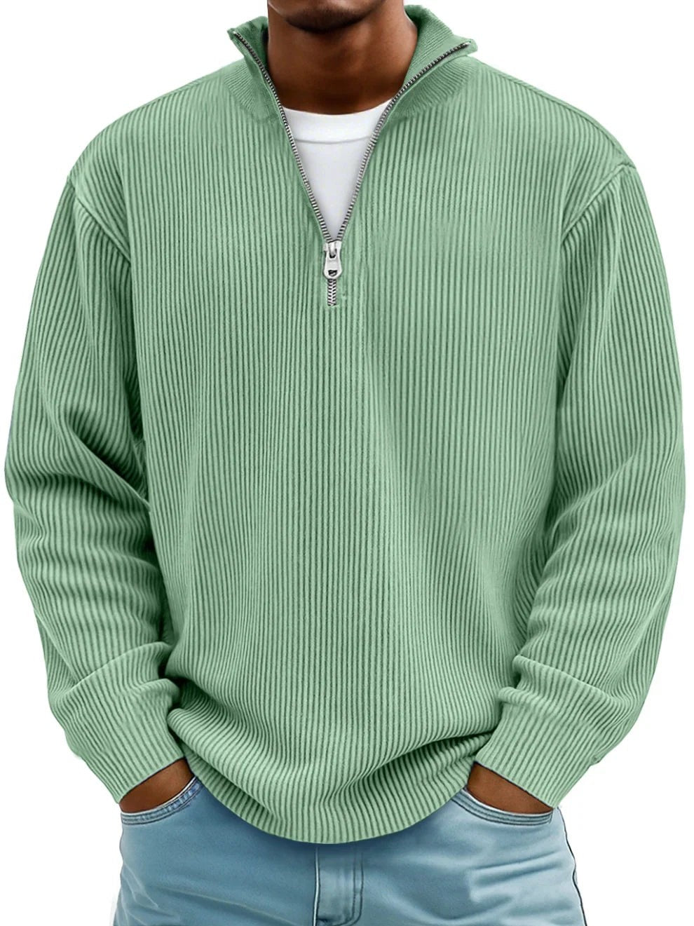 Baptiste | Pull Homme Côtelé Demi-Zip Coupe Décontractée - Vert